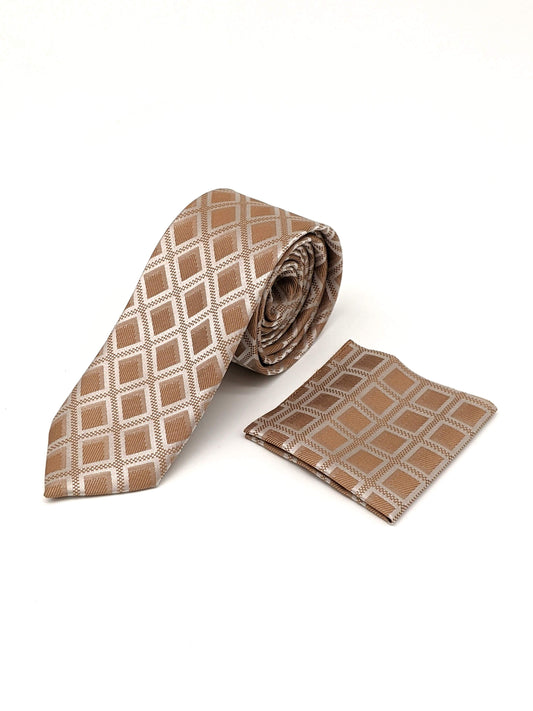 Satin Tie and Pocket Square ~ in Gold Squares