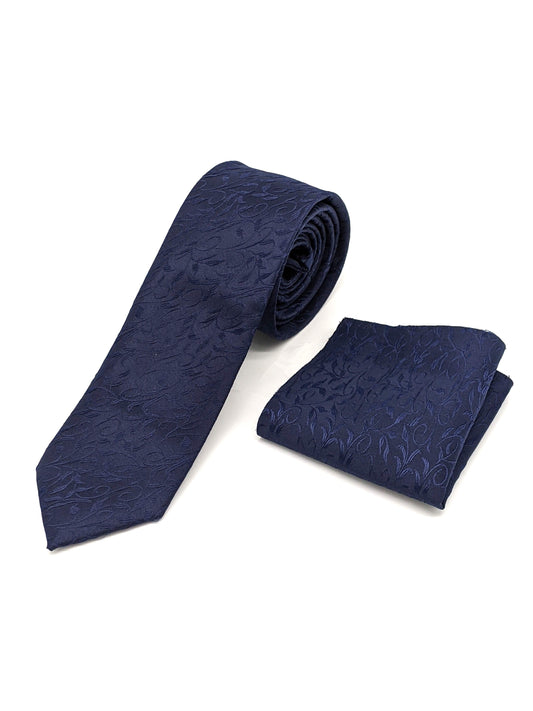 Satin Tie and Pocket Square ~ in Navy Vines