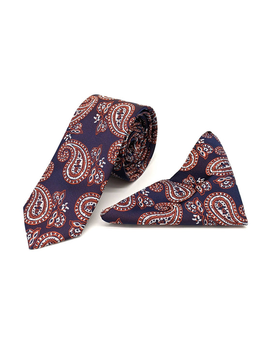 Satin Tie and Pocket Square ~ in Purple and Orange Paisley