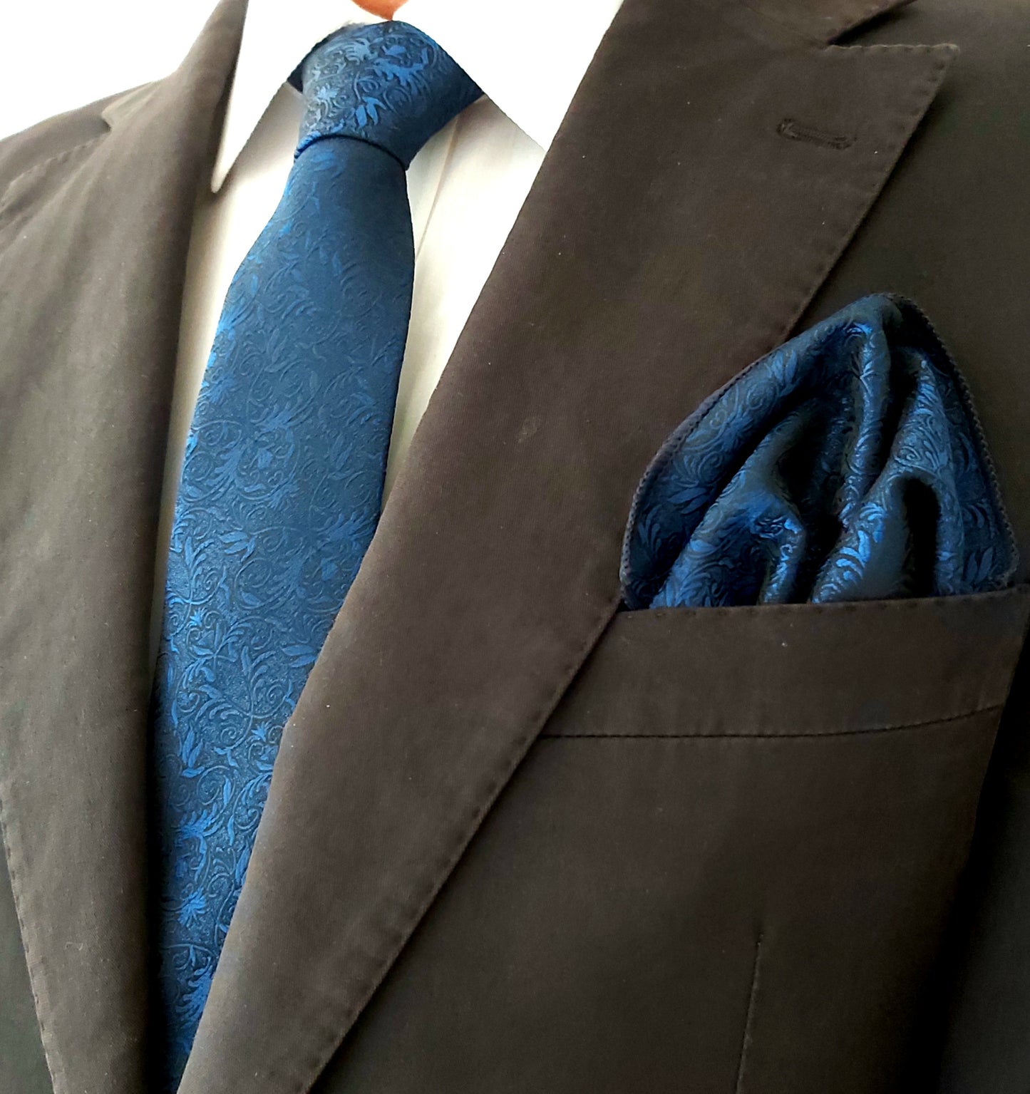 Satin Tie and Pocket Square ~ in Dark Blue