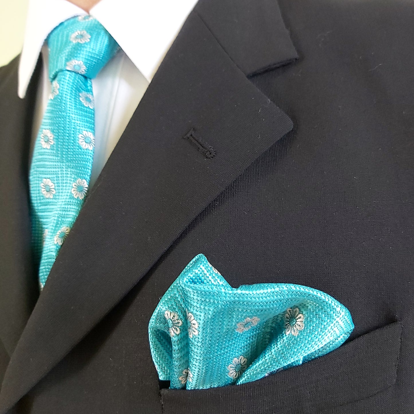 Satin Tie and Pocket Square ~ in Turquoise Flowers