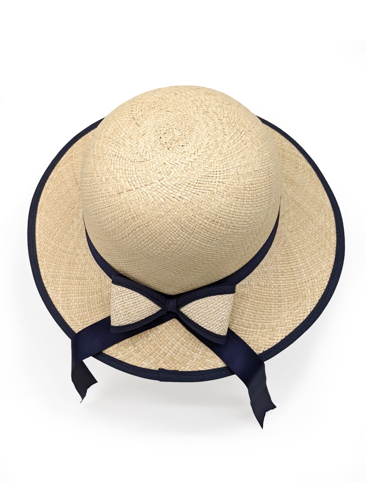 Ladies Panama Hat with Navy Blue Bow