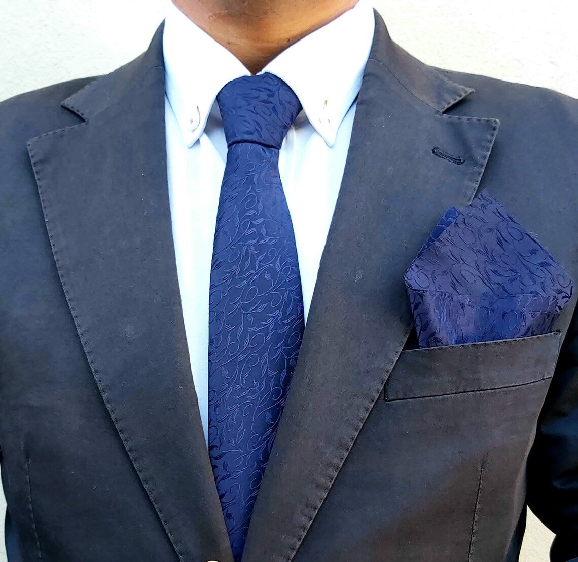 Satin Tie and Pocket Square ~ in Navy Vines