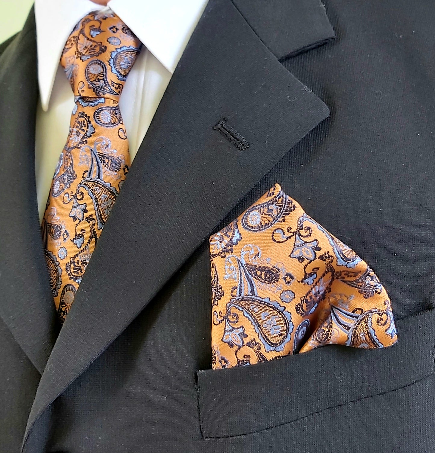 Satin Tie and Pocket Square ~ in Gold and Blue Paisley
