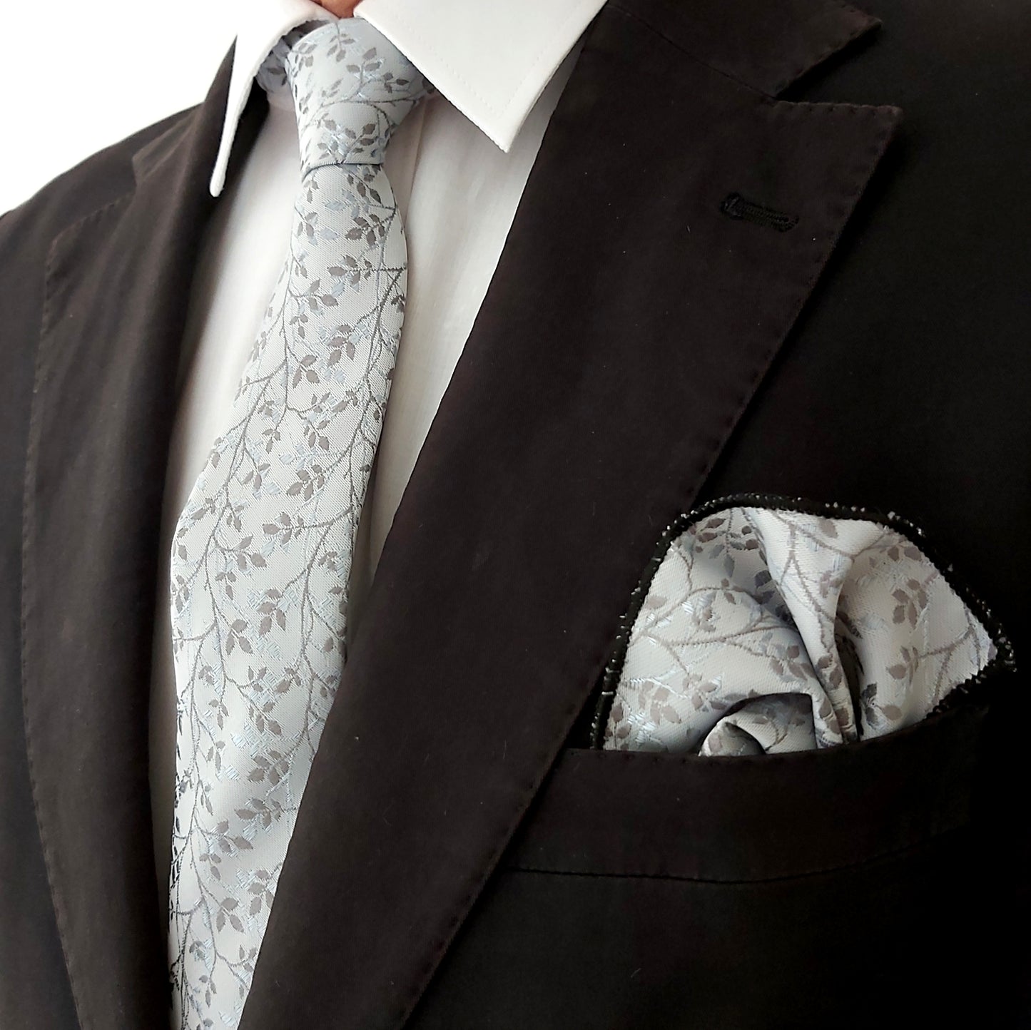 Satin Tie and Pocket Square ~ in Silver Flowers