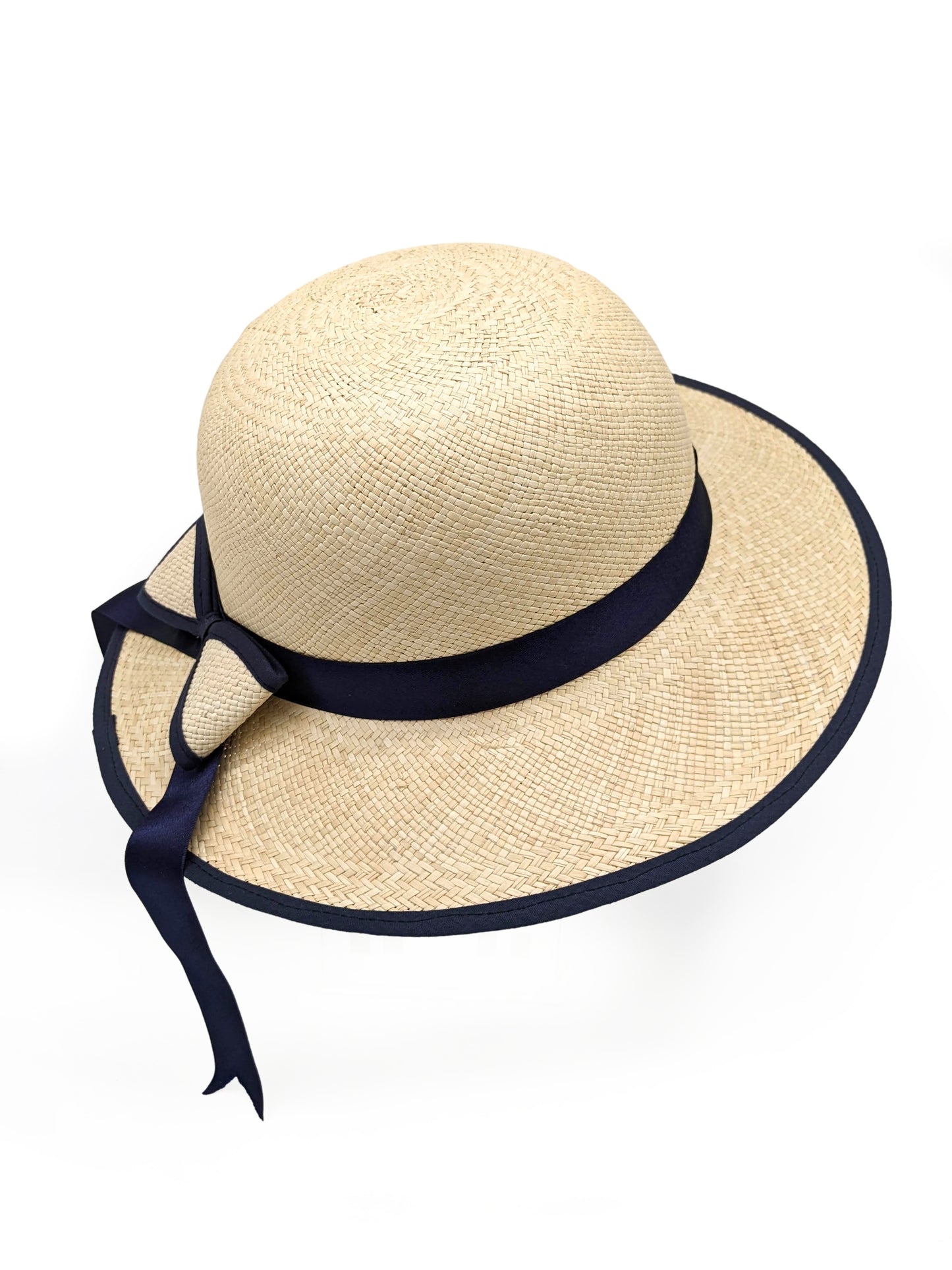 Ladies Panama Hat with Navy Blue Bow