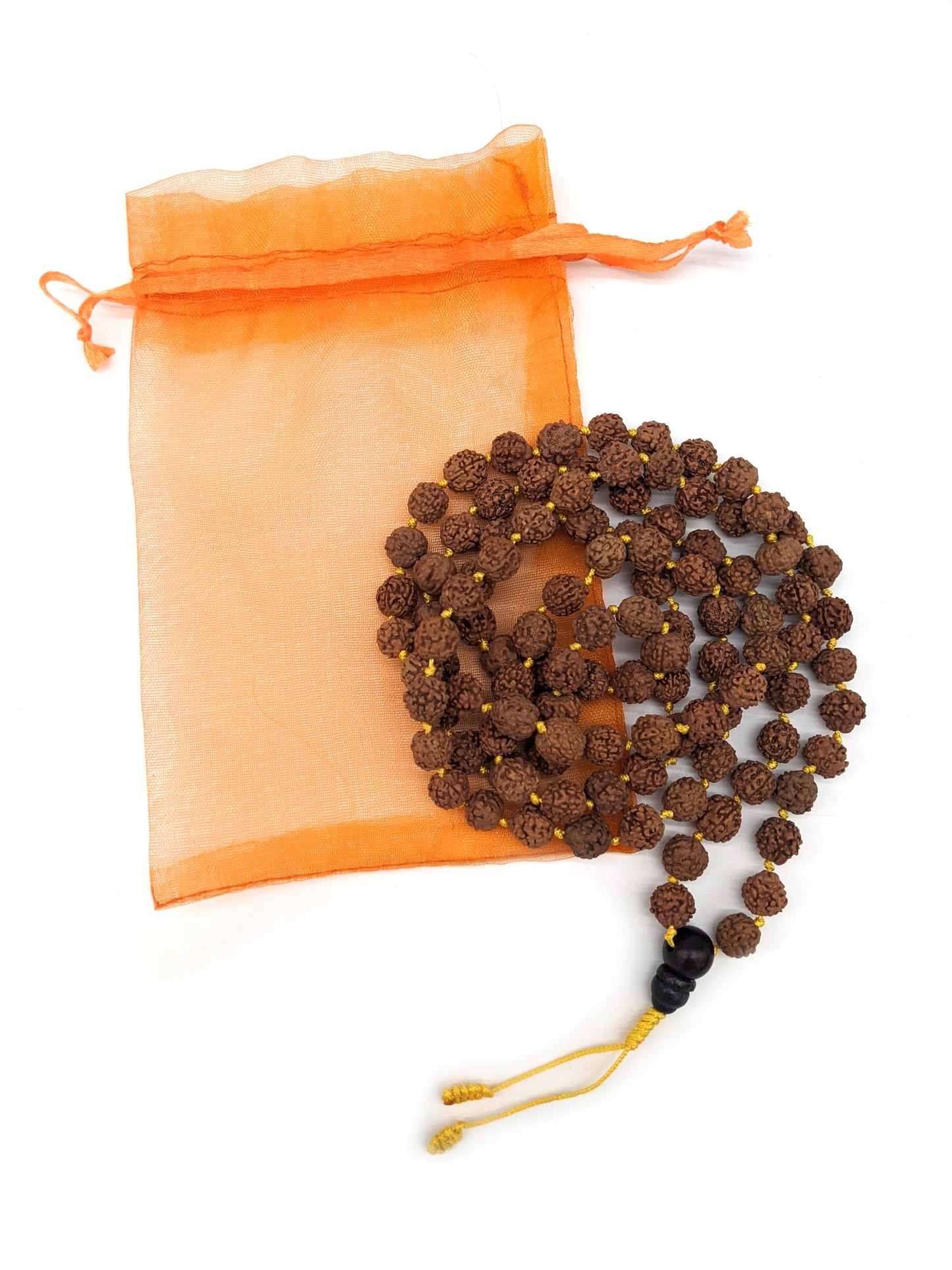 Rudraksha Knotted Mala Prayer Beads - Yellow Cord Tassel