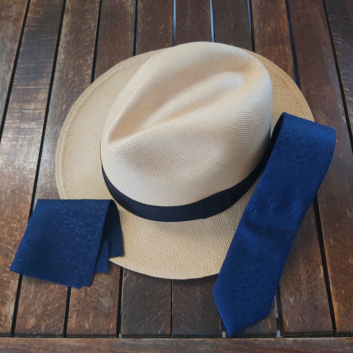 Satin Tie and Pocket Square ~ in Navy Vines