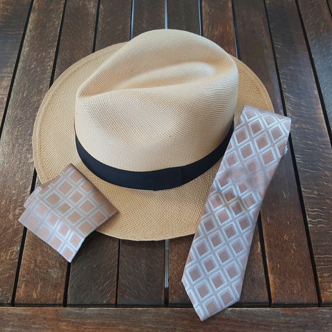 Satin Tie and Pocket Square ~ in Gold Squares