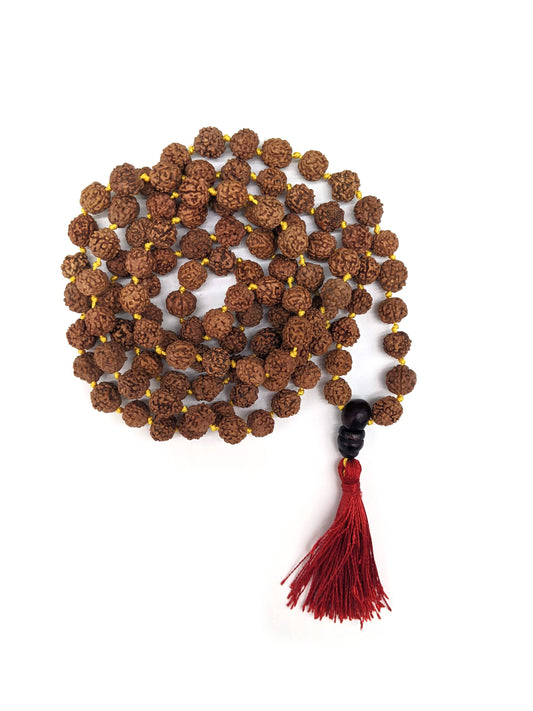 Rudraksha Knotted Mala Prayer Beads - Red Tassel