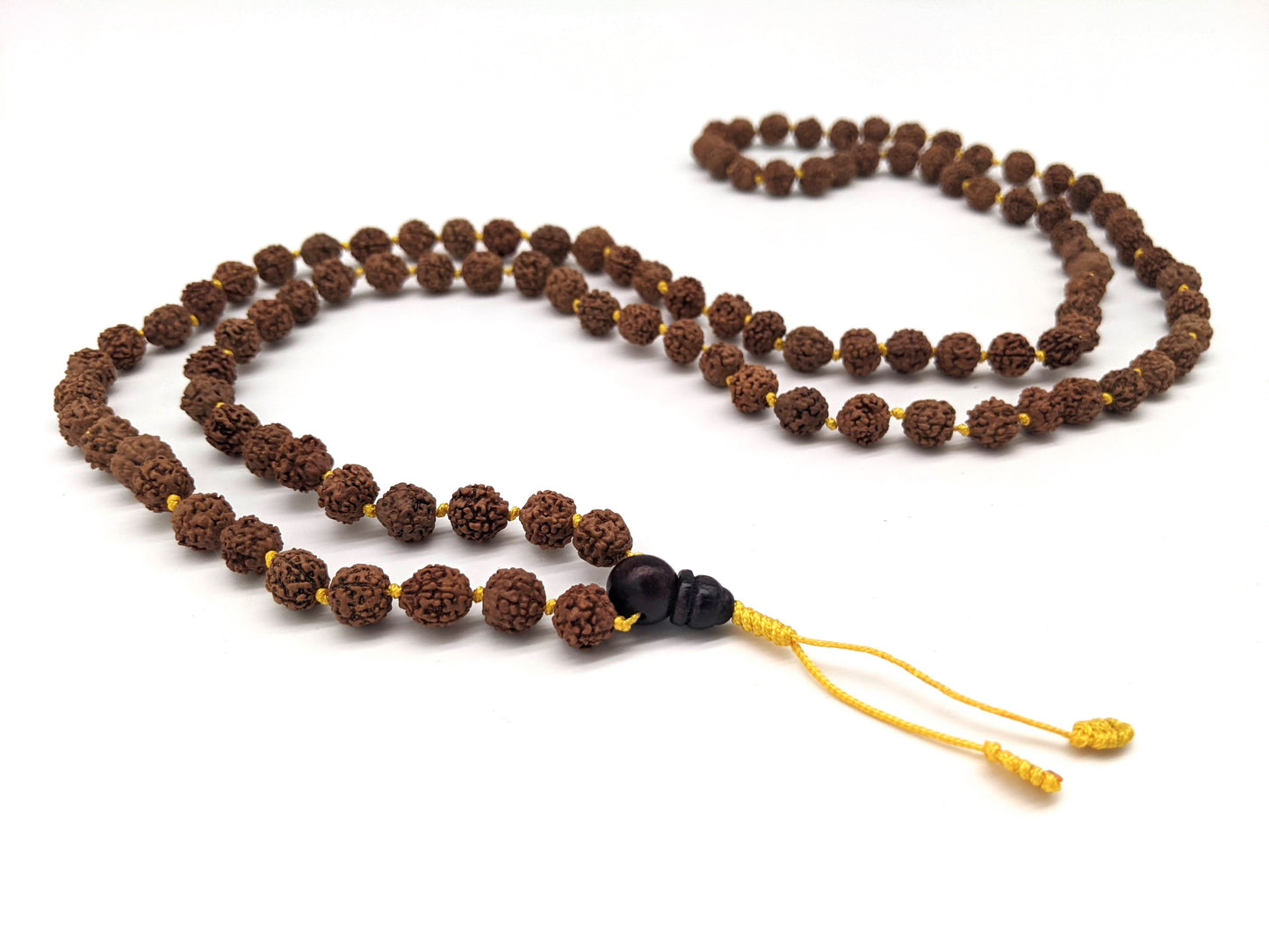 Rudraksha Knotted Mala Prayer Beads - Yellow Cord Tassel