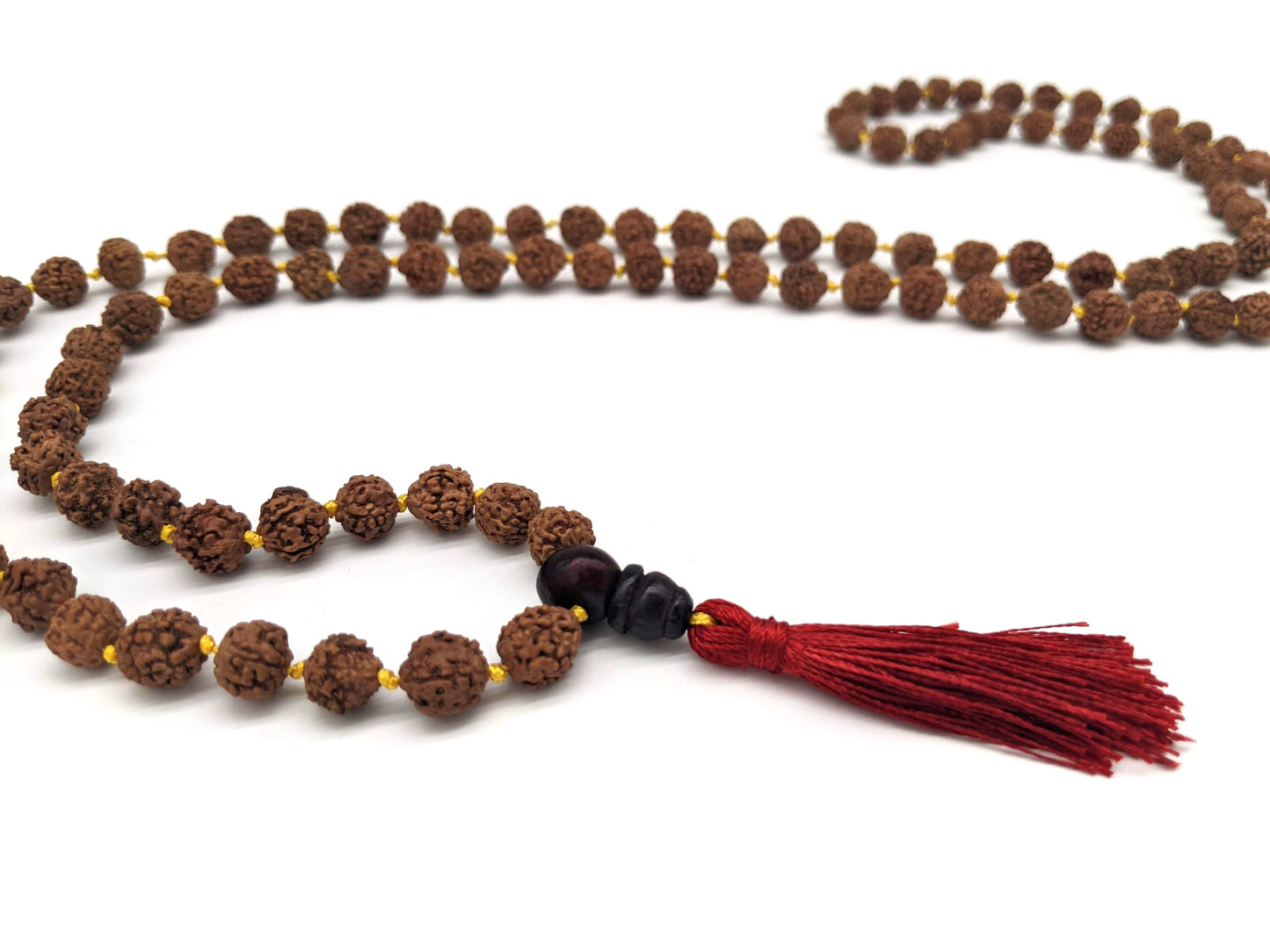 Rudraksha Knotted Mala Prayer Beads - Red Tassel