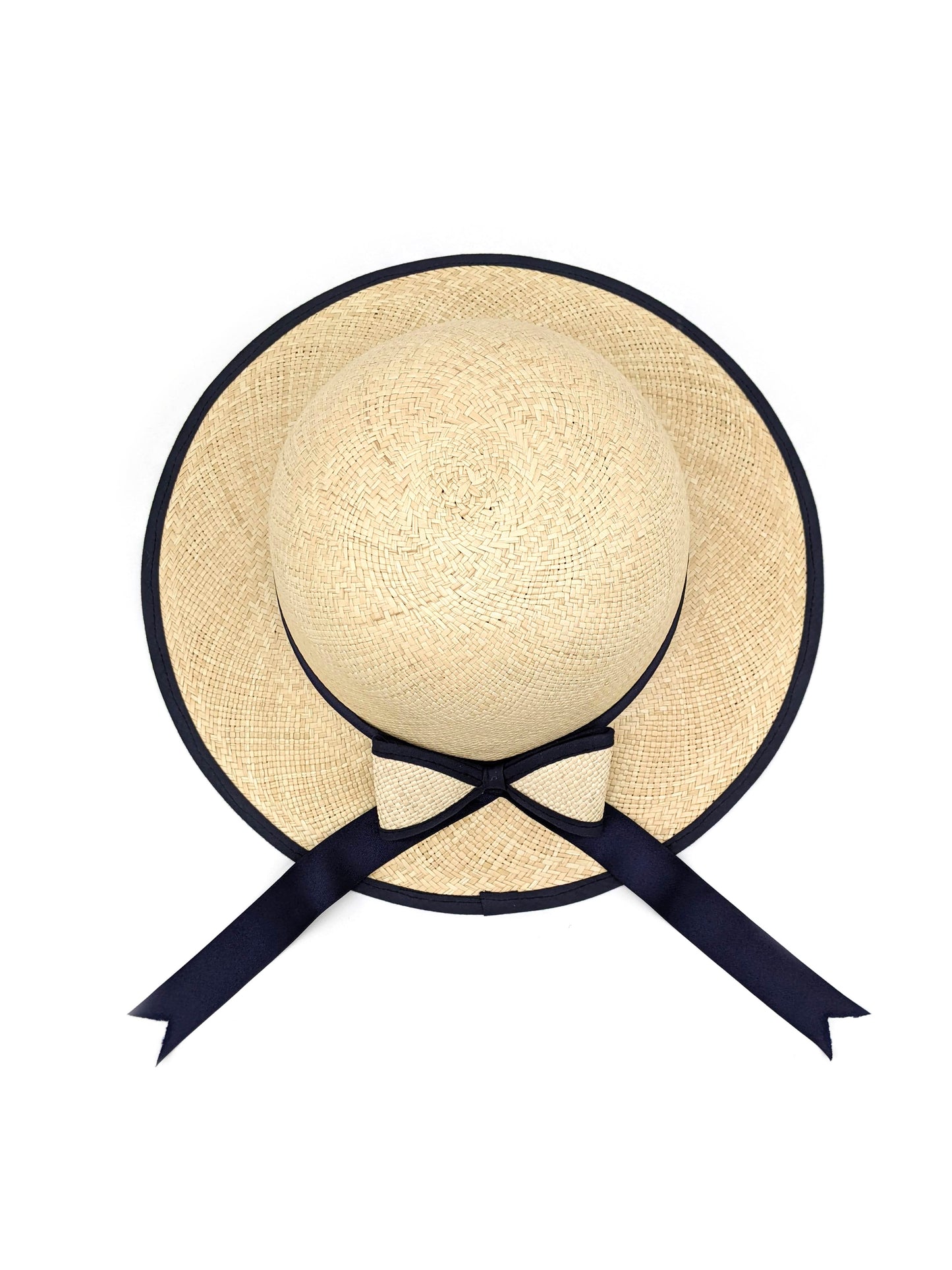 Ladies Panama Hat with Navy Blue Bow