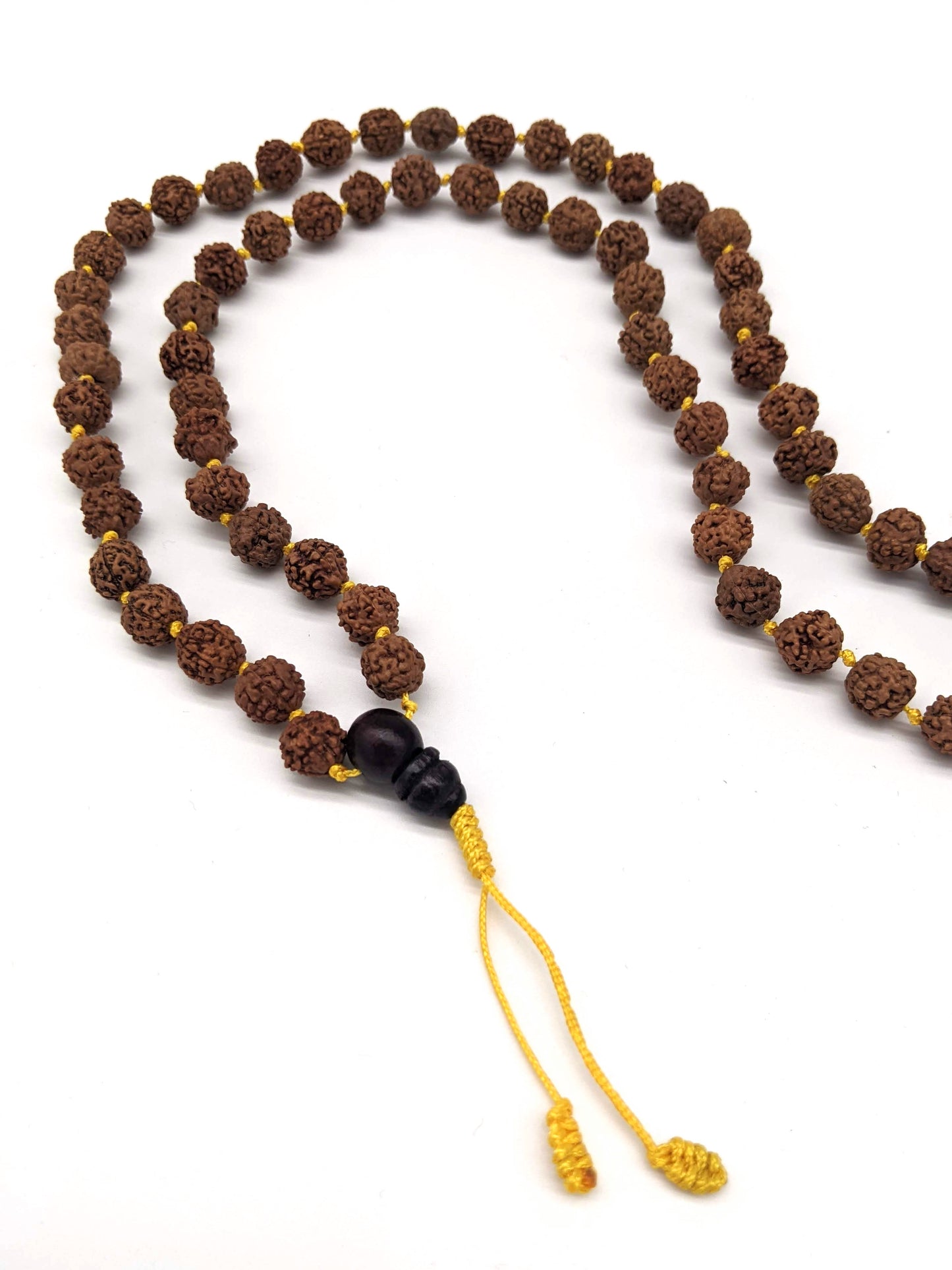 Rudraksha Knotted Mala Prayer Beads - Yellow Cord Tassel