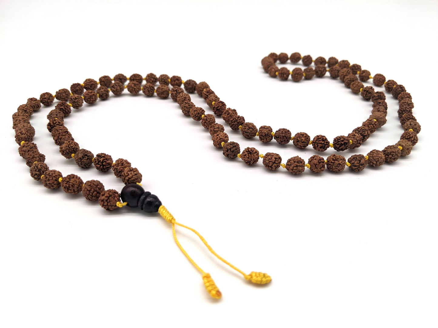 Rudraksha Knotted Mala Prayer Beads - Yellow Cord Tassel