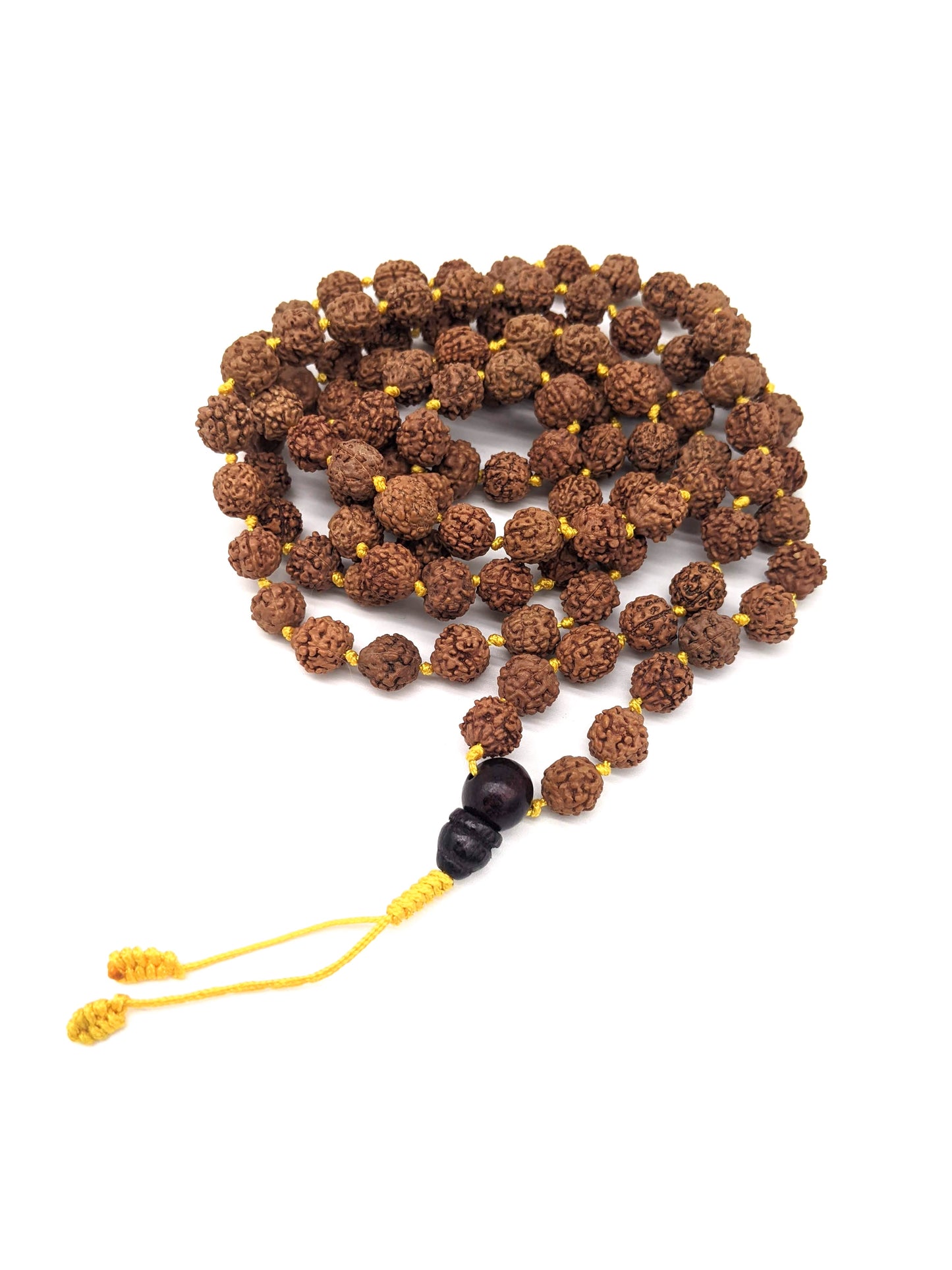 Rudraksha Knotted Mala Prayer Beads - Yellow Cord Tassel