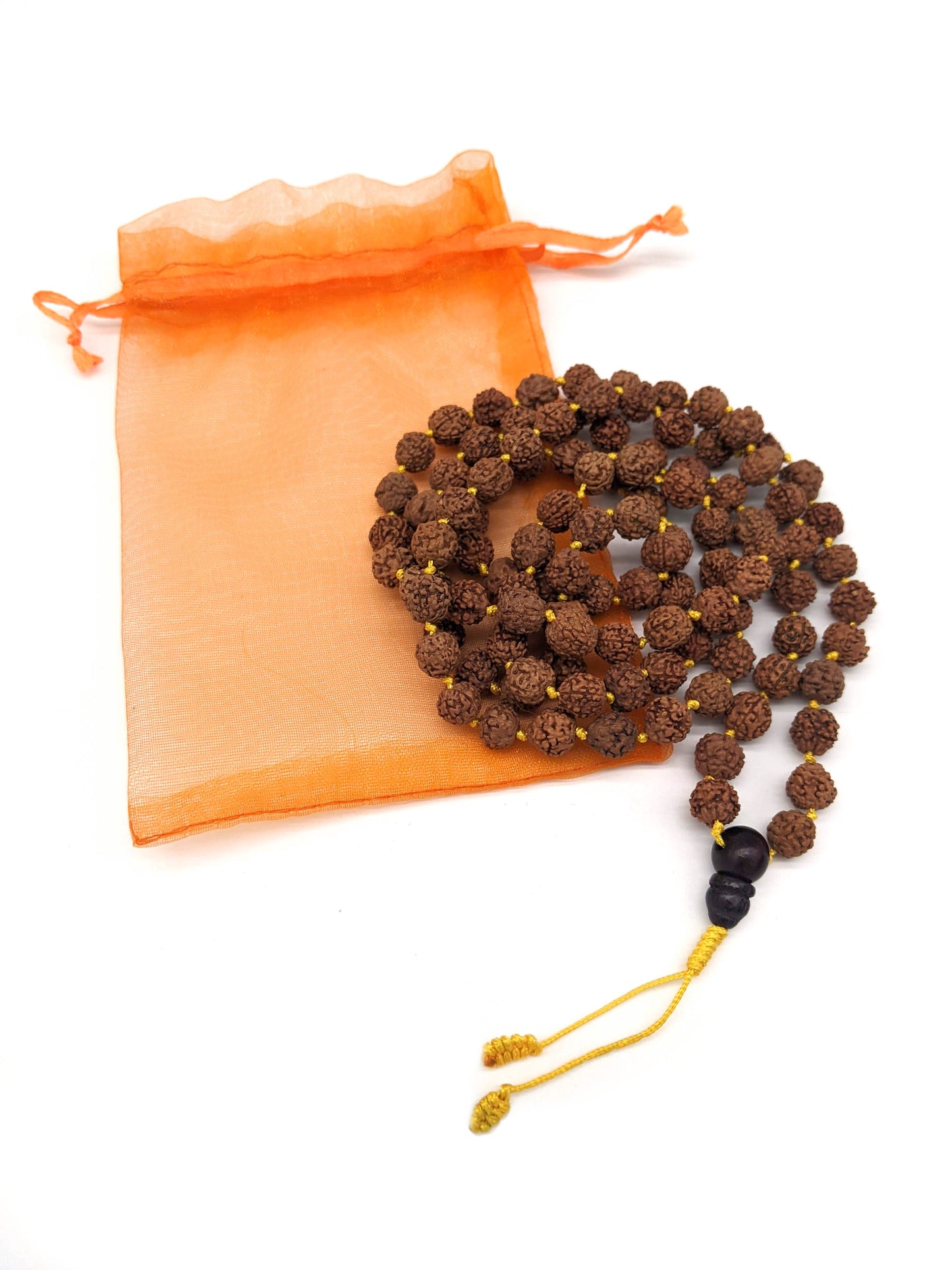 Rudraksha Knotted Mala Prayer Beads - Yellow Cord Tassel