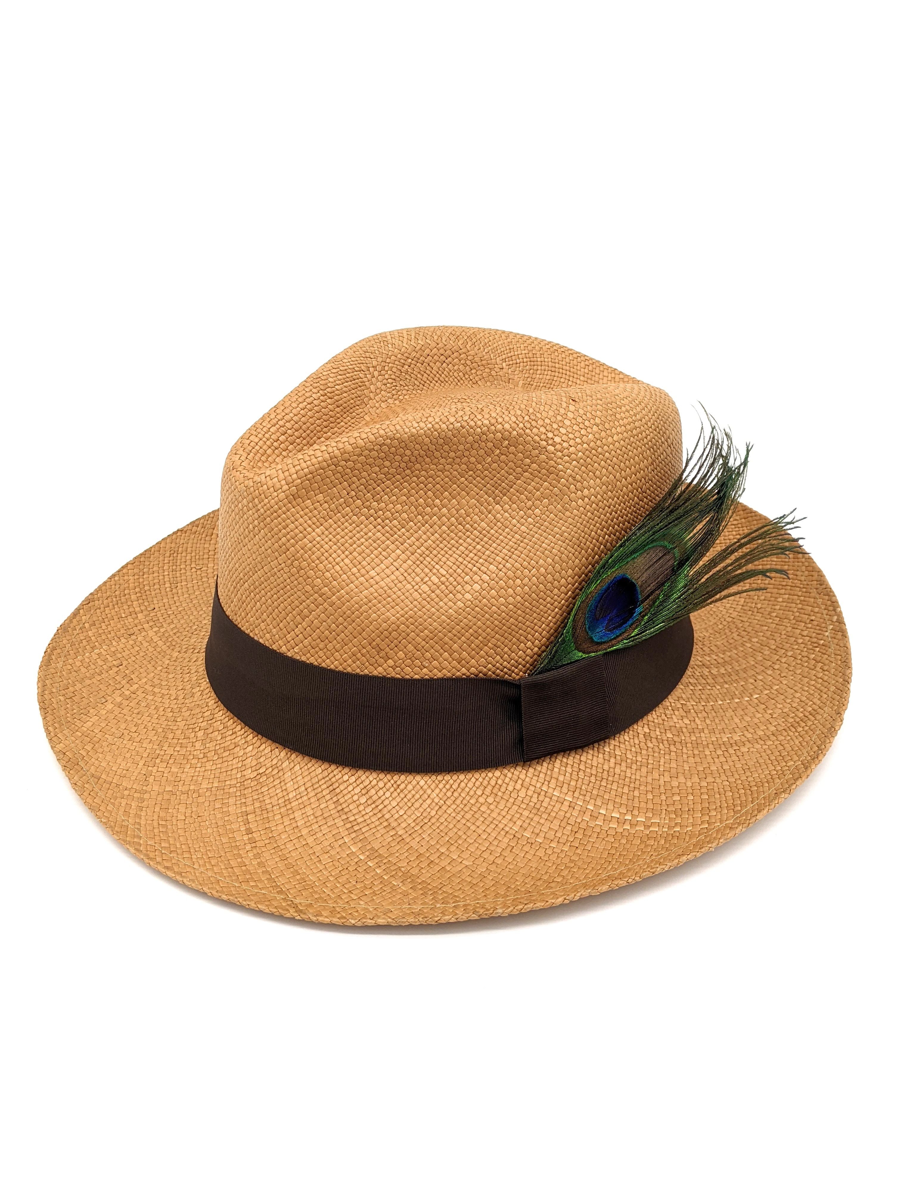 Genuine Ecuadorian White Panama Hat with Removable Peacock Feather shops ~ Handwoven Toquilla Palm Hat