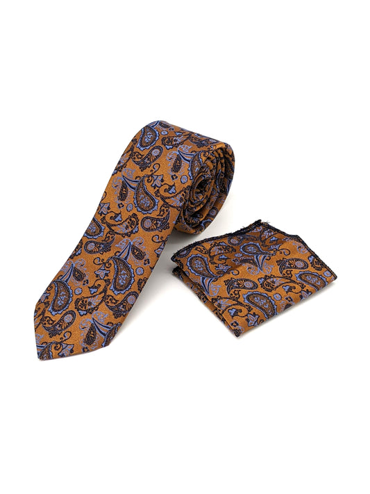 Satin Tie and Pocket Square ~ in Gold and Blue Paisley