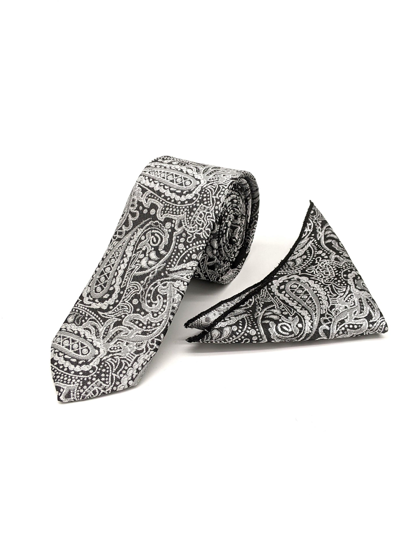 Satin Tie and Pocket Square ~ in Grey Paisley