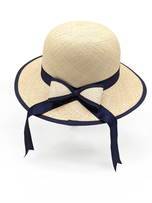 Ladies Panama Hat with Navy Blue Bow