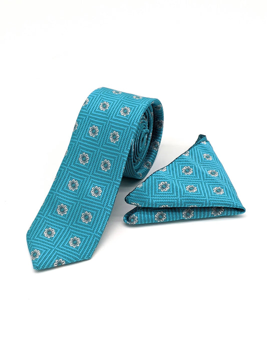 Satin Tie and Pocket Square ~ in Turquoise Flowers