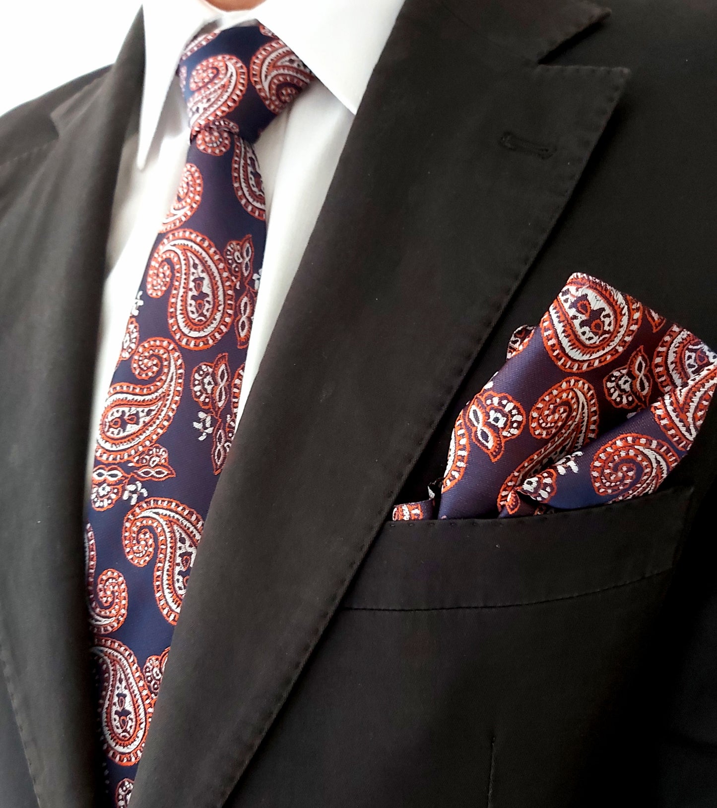 Satin Tie and Pocket Square ~ in Purple and Orange Paisley