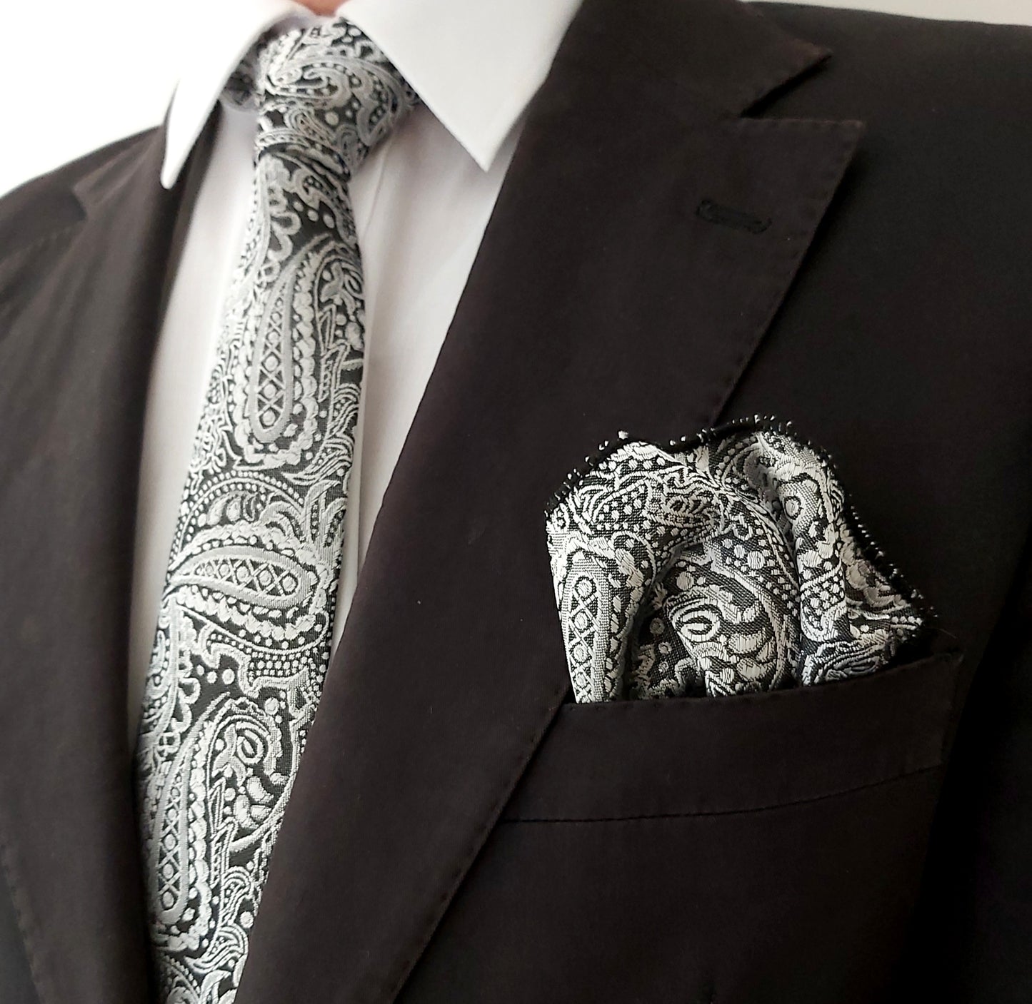 Satin Tie and Pocket Square ~ in Grey Paisley