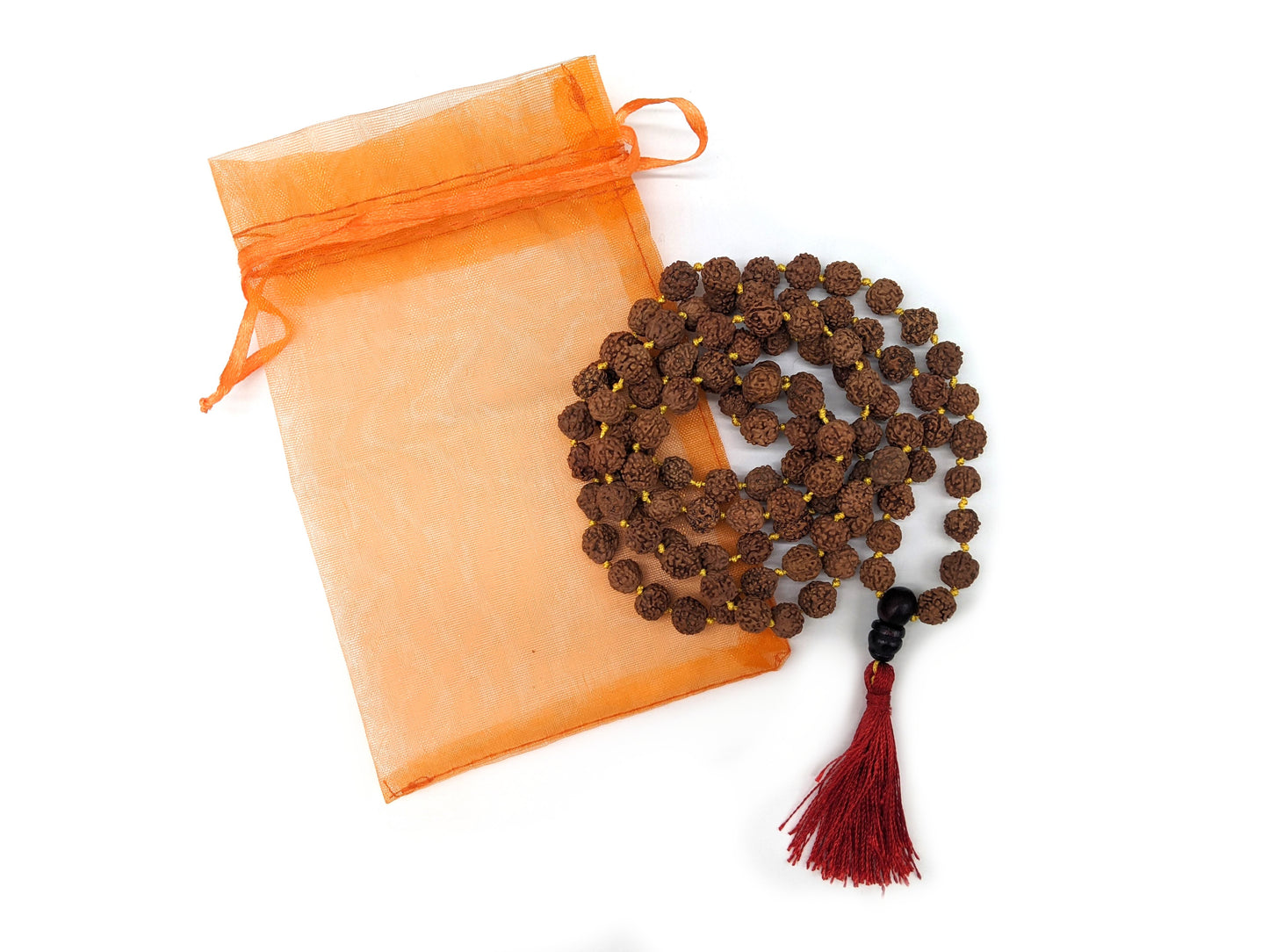Rudraksha Knotted Mala Prayer Beads - Red Tassel