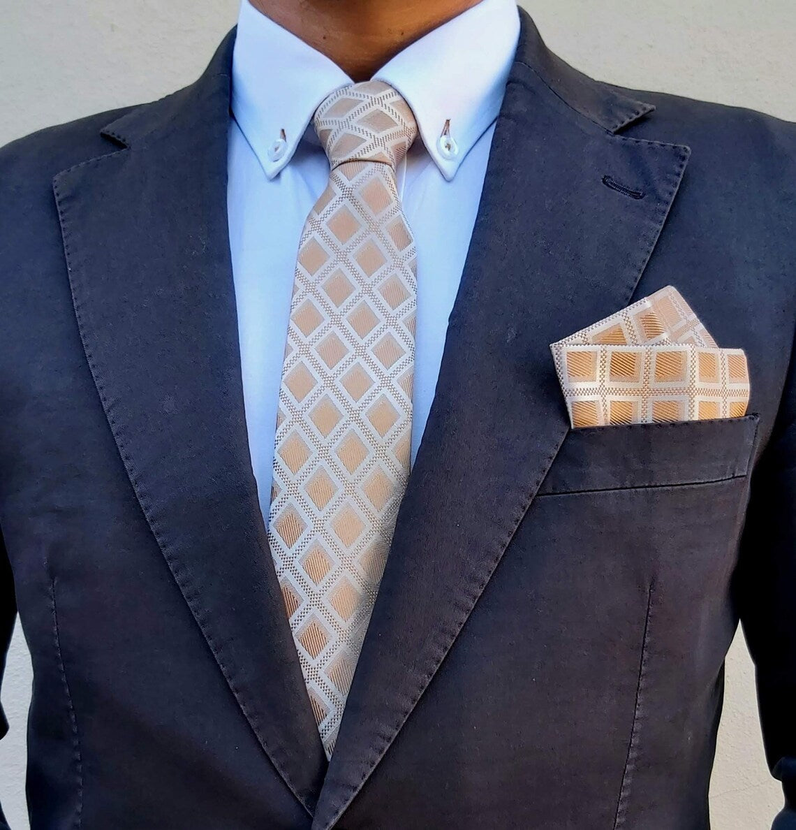 Satin Tie and Pocket Square ~ in Gold Squares