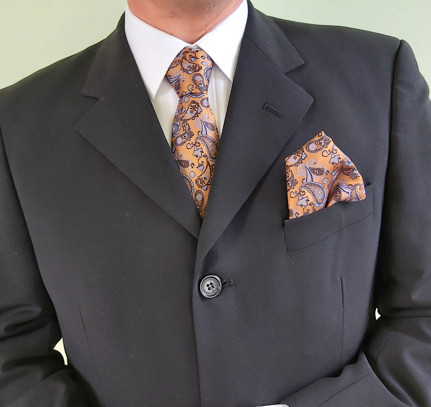 Satin Tie and Pocket Square ~ in Gold and Blue Paisley