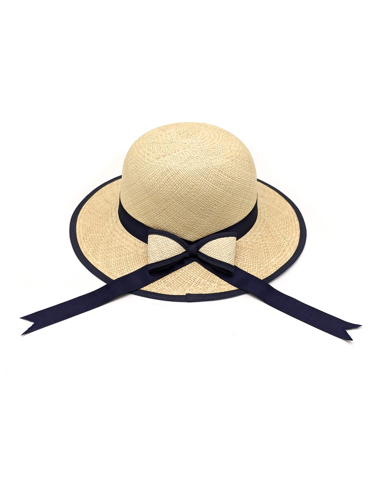 Ladies Panama Hat with Navy Blue Bow