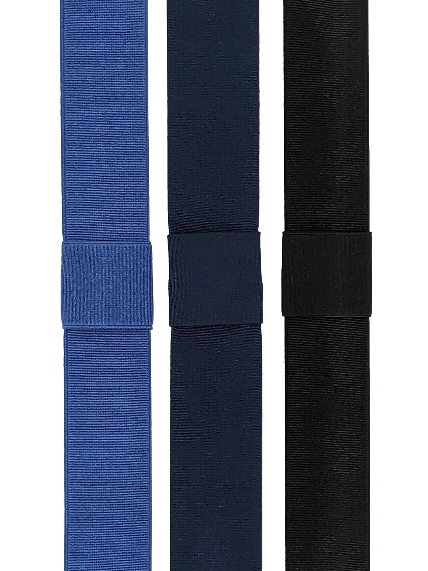 Three interchangeable elastic hat bands in cobalt blue, navy blue, and black, displayed side by side.