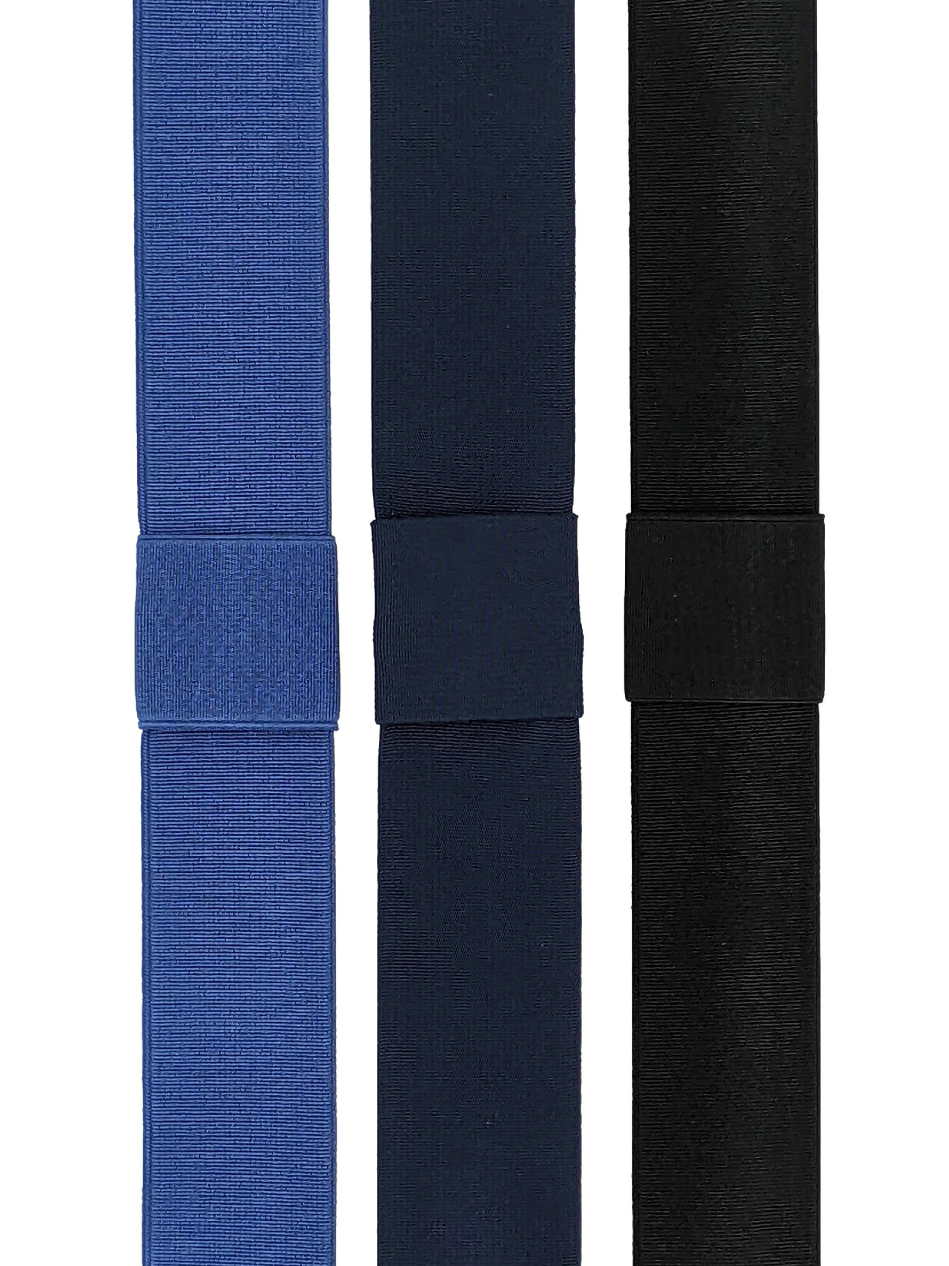Three interchangeable elastic hat bands in cobalt blue, navy blue, and black, displayed side by side.