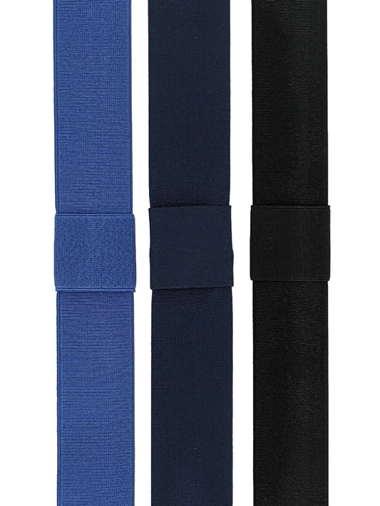 Three interchangeable elastic hat bands in cobalt blue, navy blue, and black, displayed side by side.