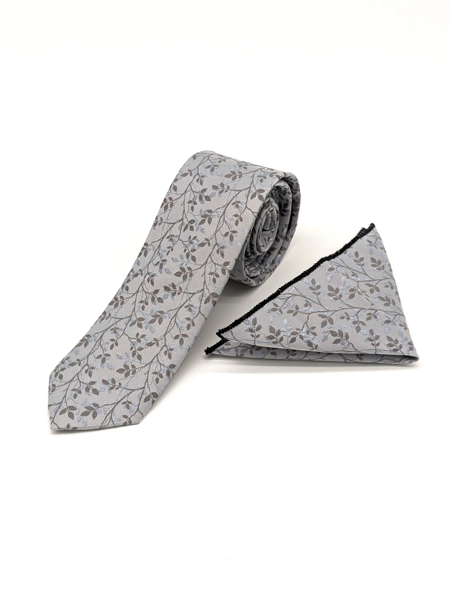 Satin Tie and Pocket Square ~ in Silver Flowers