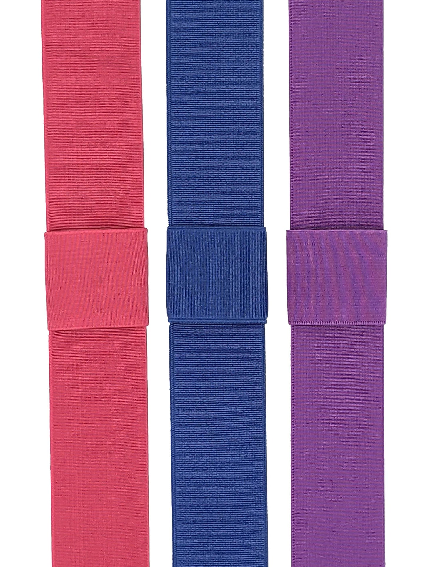 Three interchangeable elastic hat bands in magenta pink, cobalt blue, and purple, displayed side by side.