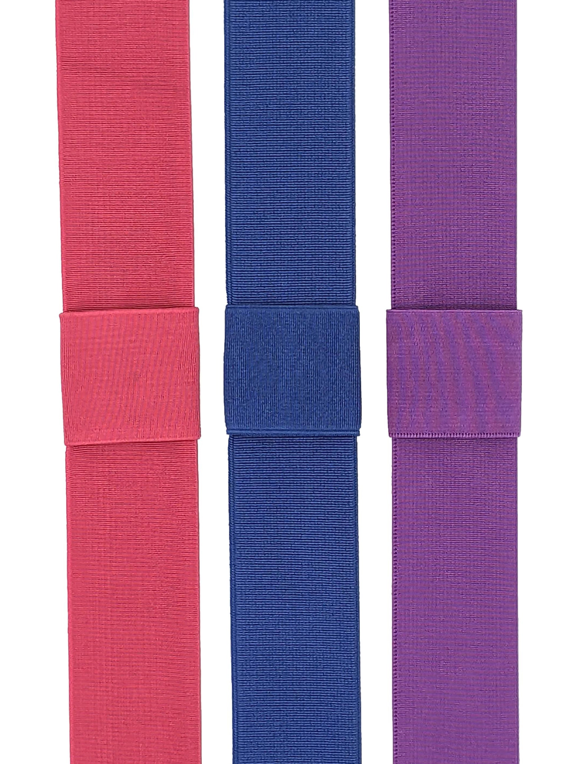 Three interchangeable elastic hat bands in magenta pink, cobalt blue, and purple, displayed side by side.