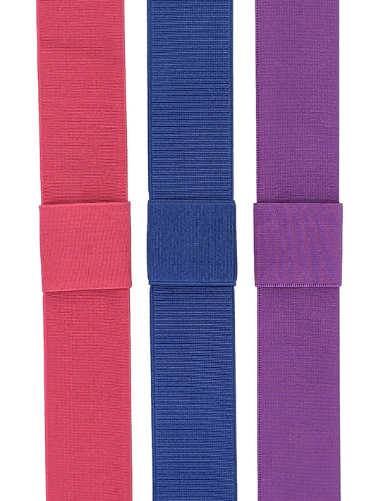Three interchangeable elastic hat bands in magenta pink, cobalt blue, and purple, displayed side by side.